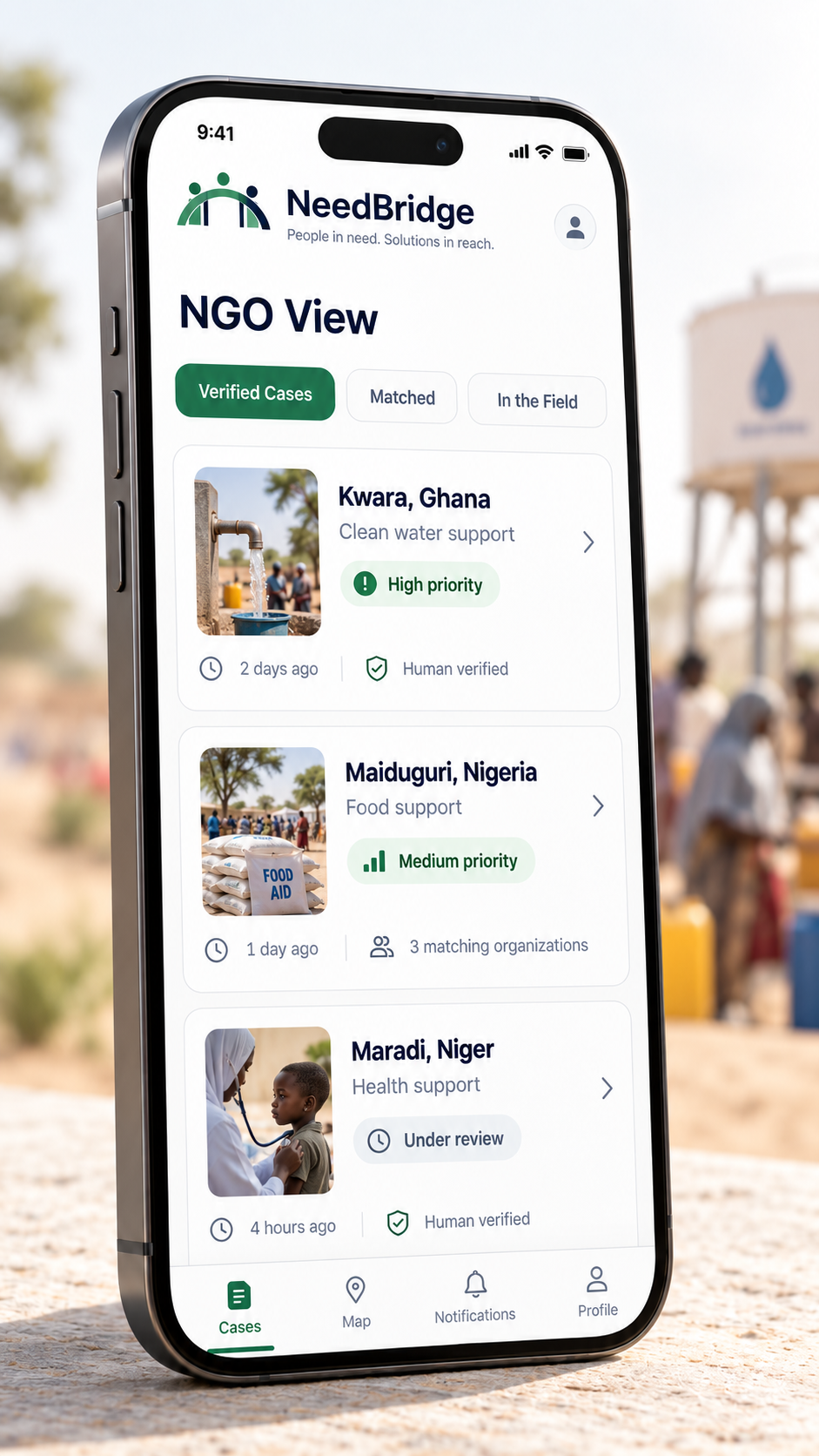 NeedBridge NGO view mobile screen